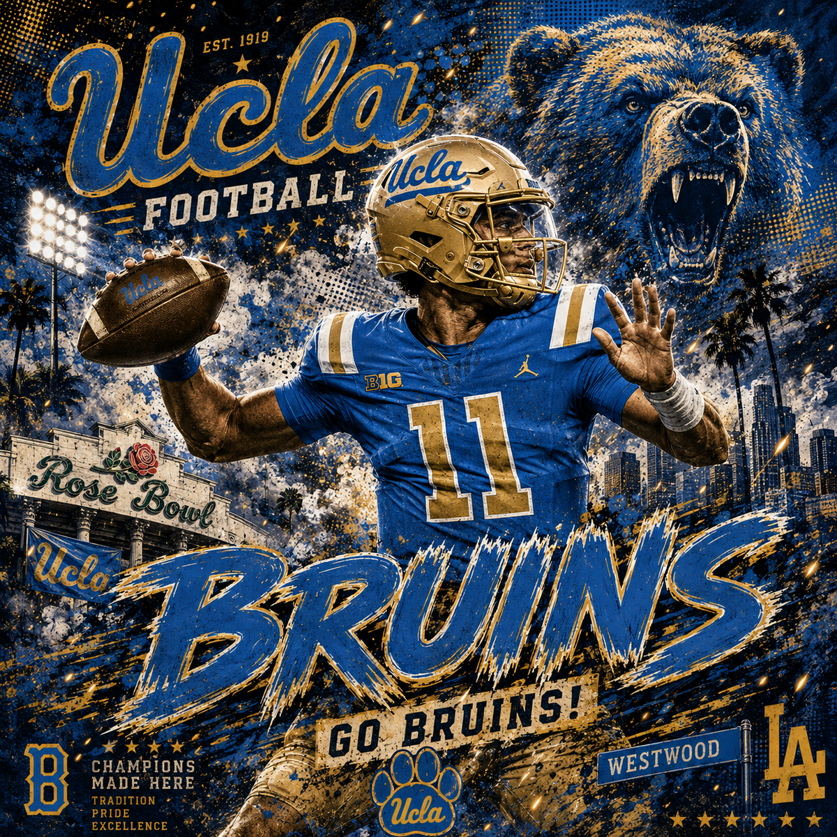 UCLA Football — Bruins Quarterback — 4×4 Tile Art