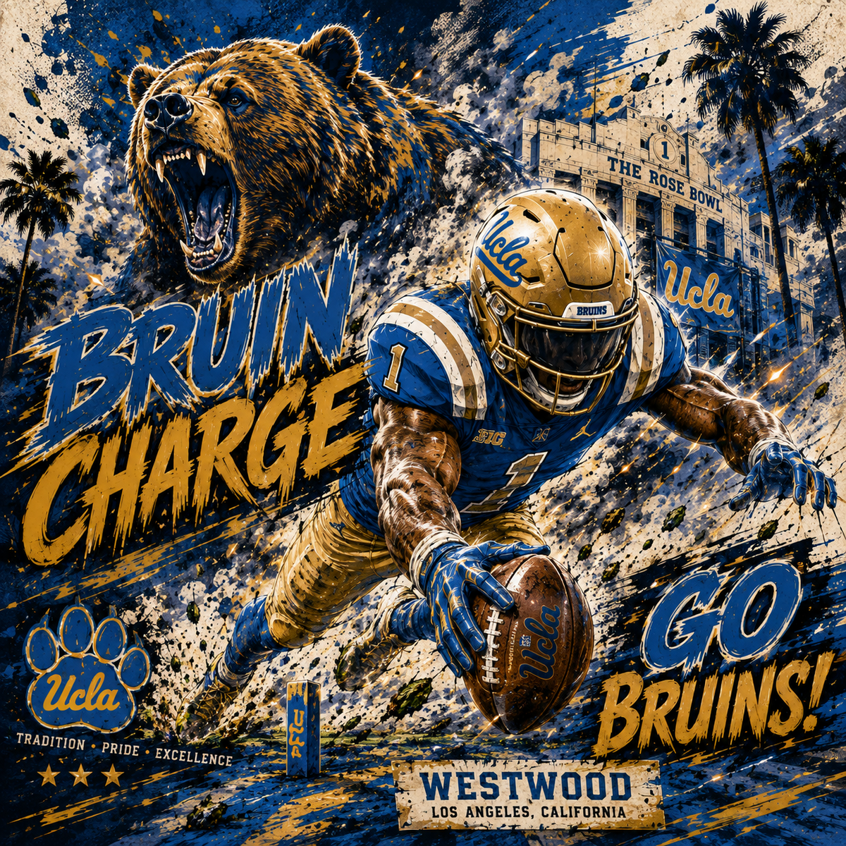UCLA Football — Bruin Charge — 4×4 Tile Art