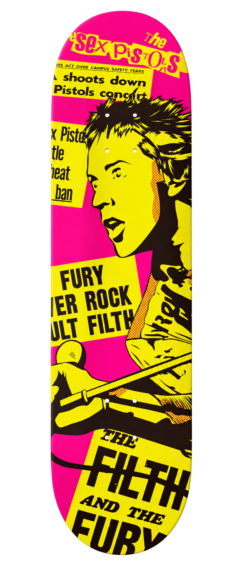 Pink and yellow Sex Pistols skateboard art deck