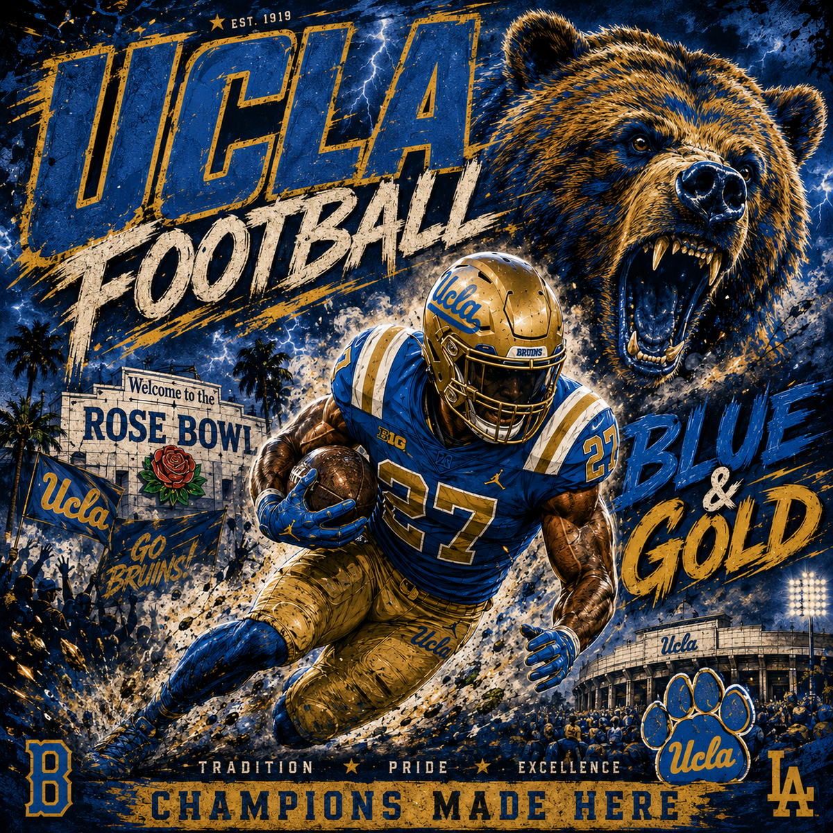 UCLA Football — Blue & Gold Charge — 4×4 Tile Art