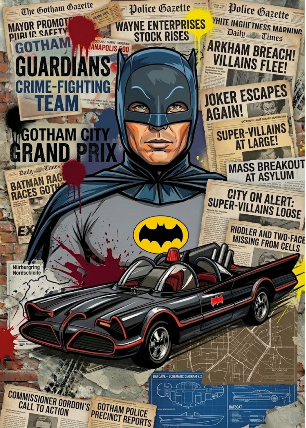 Batman Gotham Headlines & Classic Batmobile — 5×7 Canvas Art