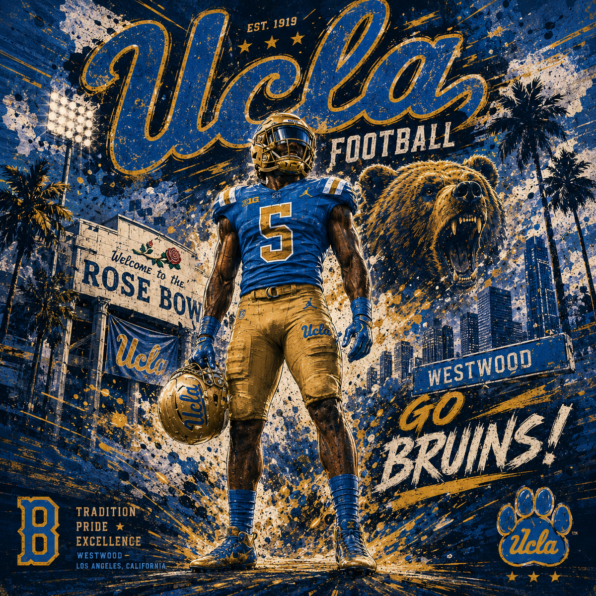 UCLA Football — Westwood Bruins — 4×4 Tile Art