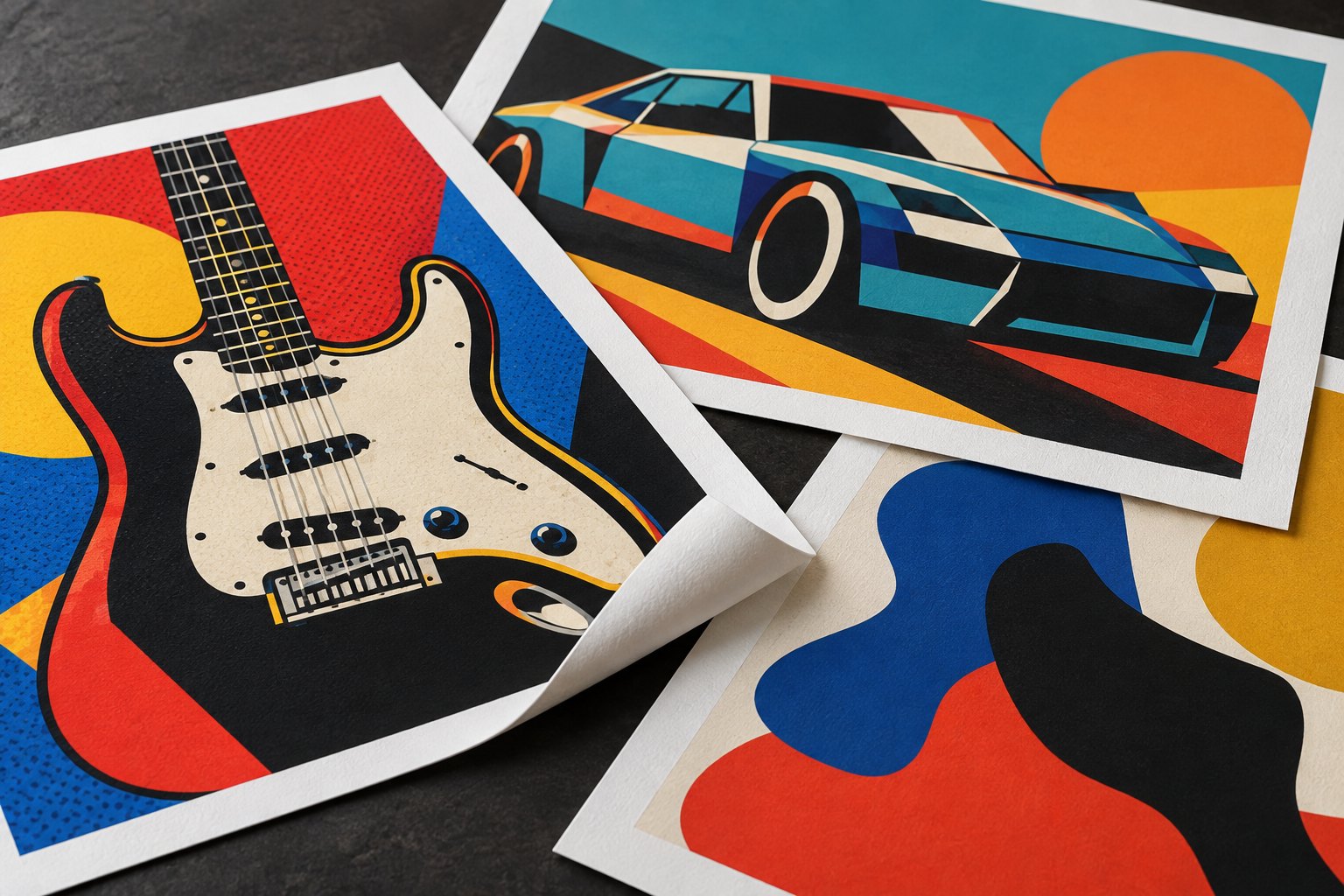 Pop-art paper prints displayed on a studio table